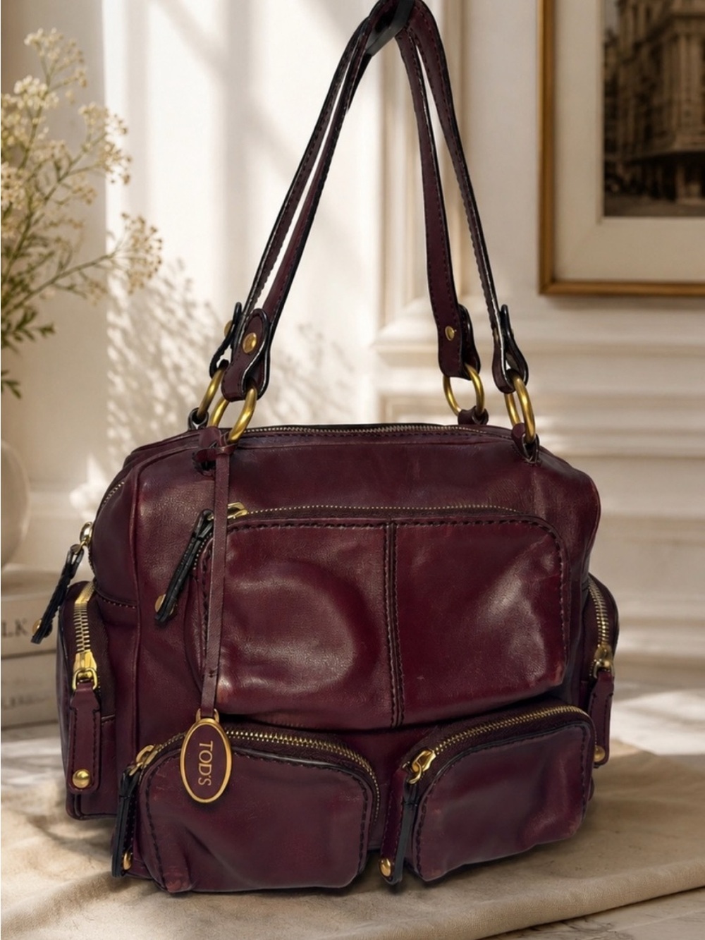 Tod's Deep Burgundy Leather Multi-Pocket Shoulder Bag